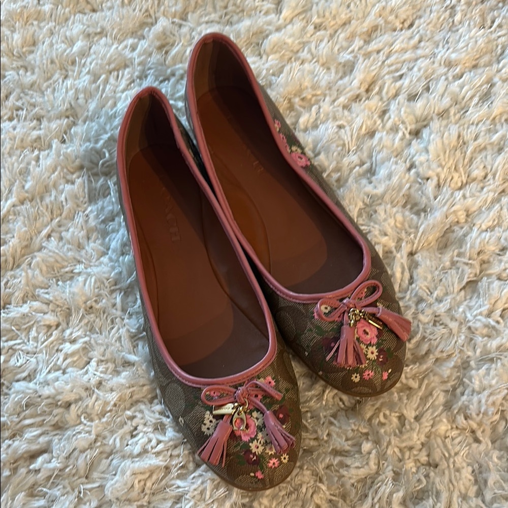 Brand New Never Worn Coach Pink and Brown Ballet Flats with Bow Accents